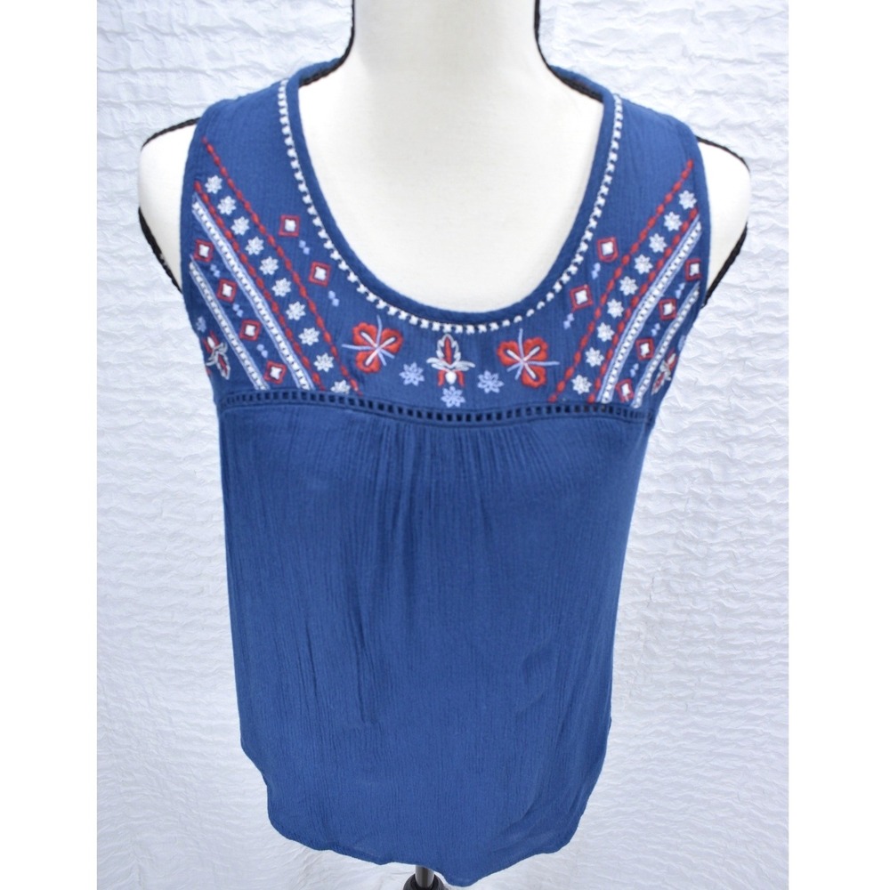 Blue Embroidered Sleeveless Top with Crochet Lace Back Boho Tank